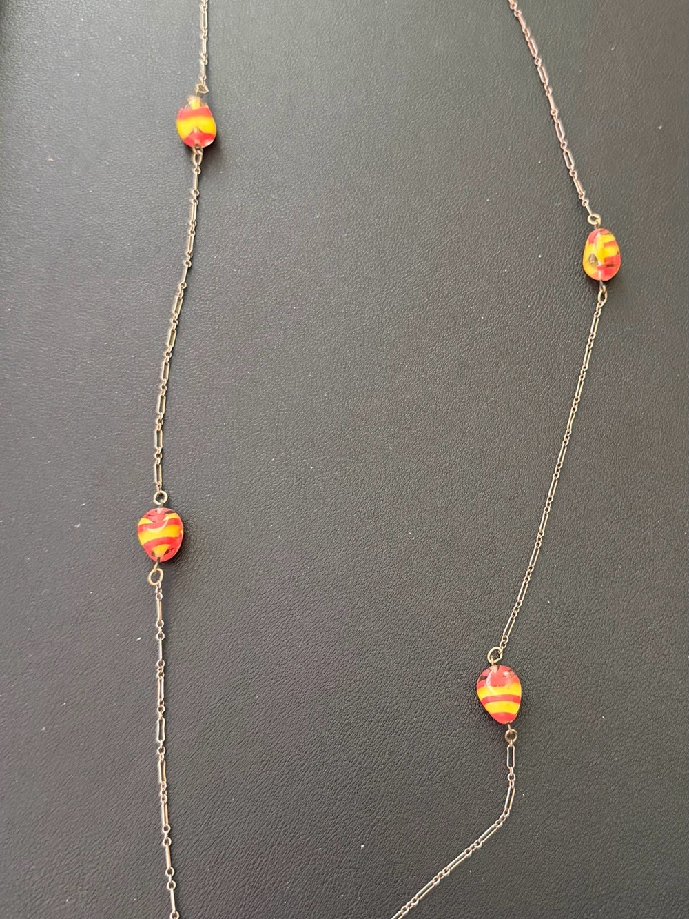 Vintage Glass Bead Necklace – Red/Yellow Swirl Oval Beads
